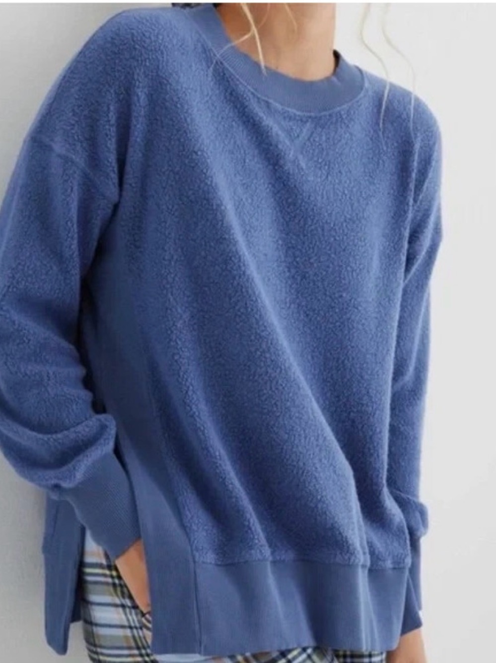 aerie Plush Cozy Good vibes Scoop Crewneck Sweater in Dusty Blue